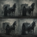 **a realistic grim reaper , standing in a dark gloomy cemetery , in front of a horse an carriage** - Variations (Strong) by <@1139790958398025738> (fast)