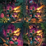 **scifi comic book style, classic robot, holding two ray guns, firing lasers, glowing eyes, colorful, scifi comic book style** - Zoom Out by <@186377350642925568> (fast)