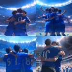**Young Japanese male soccer player celebrating after scoring, plain solid blue jersey with no logos or brands, only a white back number, hugging teammates, modern stadium full of cheering fans, bright lights, sweat and determination on faces, cinematic atmosphere, realistic style, wide shot, no goalposts --niji 6** - <@1212945075831836692> (relaxed)