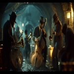 **Rats in suits and fedoras playing Jazz on vintage instruments in a dimly lit sewer, surrounded by mist and flickering lanterns; in the style with bold geometric shapes and expressive lines, blended with the cinematic noir and the moody atmospheric lighting, in stunning 32k resolution. Harlem Renaissance. --ar 16:9 --v 6.1 --p ullrsjz** - Image #3 <@935178814189862912>