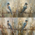 **a Carolina Blue Bird perched on an a barbed wire fence in a wide open field, with daisies and tall grasses around, soft breeze suggested in motion of feathers, gentle summer dusk, peaceful and painterly --ar 16:9 --profile snjqo6n --stylize 250** - <@1025818509541904514> (fast)