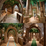 **A children's attraction featuring a miniature forest garden enclosed in a structure resembling a vinyl greenhouse.Upon entering the forest gateway zone made of cardboard arches that isolate the real world, visitors pass through a play zone in the "Data Forest" where they search for sparkling packets, then proceed to a zone with a cotton cloud canopy and walls covered in cardboard bookcases resembling a forest library. Here, they can deposit packets into mailboxes made from cardboard server stations and receive prizes at the attraction's exit.The exterior of the structure is designed to be as small as possible, with a height of 1.5 meters, a width of 1.2 meters, and a depth of 5 meters, made from narrow pillars of garden arches. The exterior of the cardboard arch entrance features the interior of the forest and a path made from narrow rainbow-colored vinyl tape on the floor.a cotton cloud canopy, and an interior of library bookcases mapped onto cardboard at the end of the forest. A children's attraction where they can interact with a server station is installed in the pathway between office desks, with the chairs removed to create a pathway. The area under the desks is masked with green curtains, and cardboard guardrails are installed up to waist height, creating a bright and cheerful atmosphere. --ar 4:3** - <@580349603761750038> (fast)