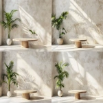 **The purpose of the image is to document furniture form only, not decoration. Studio-style interior photo for furniture catalog use. A single empty plant stand or pedestal centered in the frame. The pedestal is completely empty. No items on top. No plants. No decor. No accessories. No objects of any kind on the stand or surrounding surfaces. Minimal boho interior design. Light neutral palette (off-white, soft beige, pale wood). Simple plaster wall background. Clean floor or tabletop surface with nothing placed on it. Bright diffused studio lighting, flat, even illumination, no directional light, no visible shadows, low contrast. Symmetrical composition, centered framing, large negative space, product documentation photography style, furniture design catalog aesthetic, DSLR quality, 50mm lens. --ar 4:3 --v 6.0 --chaos 0.5 --raw** - Variations (Subtle) by <@1090435486935433258> (fast)