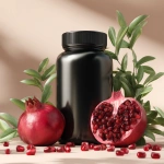 **Super realistic studio photograph of a sleek black matte supplement jar, placed in an elegant composition with a whole pomegranate, a halved pomegranate with bright red seeds, and scattered seeds around. Fresh green leaves are arranged to add a natural vibrant touch. The scene is set on a light background with soft, bright lighting, clean and modern product photography style, high resolution, shallow depth of field, sharp focus, square format, luxurious yet fresh and inviting aesthetic.** - Image #2 <@1100010158496686091>