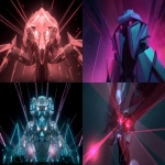 **a conceptual boss design of the game 'Rez', shows the player high-tech structures in a low-poly style.the boss should be designed and be the main object in the picure, tructure of the boss is mainly angular and mechine like, but part of it is a bit more organic and evil like. it shows as a human head, the eyes are covered by 2 big hands, making the overall sillhoutte looks like a knight. the scene conveys a sense of motion as the beams from the laser guns hit different parts of the structure. the environment has simple geometric shapes that indicates mirrors and library and the scrolls, and the dark background is complemented by the game's use of bright neon colors and glowing effects to create a sense of depth and excitement. the structure should have a religous feeling. --ar 16:9** - <@816916814089027595> (fast)
-# Create, explore, and organize on [midjourney.com](<https://midjourney.com/imagine?from_discord=1>)