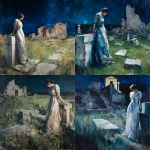 **The painting of a woman standing in a long dress at night in a meadow with church ruins, leaning on a tombstone with a cross, surrounded by broken walls, an oppressive atmosphere, as if moving, was painted by Jenny Saville.** - <@1106776019475636345> (fast)