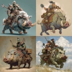 **An orc male with a shovel riding a large circus boar.** - <@291036075151982594> (fast)
