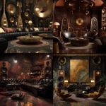 **Surrealism 1970s abstract luxury music lounge, black gold brown colors rich colors, luxury, hd quality , vinyl showing, low lighting, leather conversation pit, tall abstract speakers, vinyl records , bar lounge included --v 7.0** - <@951239260281913364> (fast)