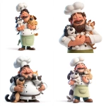**4w a happy Italian chef, wearing an apron and chef hat, a hapy dog and cat are snugling against him, 3d cartoon illustration against white background** - <@1093173312164745367> (fast)