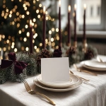 **<https://s.mj.run/szdxcsB2cP8> A white mockup card on a minimalist and elegant festive christmas table, warm light, fairy light bokeh, linen tablecloth, elegant and natural holiday aesthetic. Burgundy, deep green, beige color palette. Elegant Christmas --ar 4:3 --v 7.0** - Image #3 <@1038768977310121984>