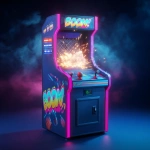 **star-nosed mole A highly dynamic and exciting sports arcade basketball game machine in a dimly lit arcade. The machine features a sleek, dark blue cabinet with vibrant glowing neon pink and cyan LED light strips. On the screen, a cartoonish explosion effect with the bold onomatopoeia "BOOM!" appears as a virtual ball swishes through the net. The overall style is a mix ofcyber-tech and pop comic**, with a global leaderboard and combo multiplier displayed on the side. The atmosphere is electric, with cinematic lighting and motion blur, capturing the peak moment of action. 8k, hyper-realistic, 3D render, Unreal Engine 5.** - Image #1 <@1230536543622398016>