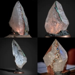 **on display. A random piece of crystal art in the style of Abstract Expressionism art period artists. This crystal has been cracked and broken. The large repair along the side of the quartz is of turquoise stone used to mend it. The base has patina copper and layered black rock. The base is adorned with carved magical sigils. High-end, high-quality cultural design. --c 85 --s 700 --w 450 --v 7.0** - <@923747341717078036> (fast)