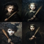 **a dark, moody, victorian oil painting in impasto style of a young victorian girl holding a bat. in the style of in the style of Johann Henry Fuseli. --ar 3:4 --v 7.0** - <@693132661379825714> (fast)