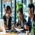 **Group of Japanese office workers, including a beautiful woman and a handsome man, happily discussing documents at a bright conference table, teamwork and friendly atmosphere, professional attire, cinematic lighting, warm and clean office --ar 16:9 --v 6.0 --raw** - Image #4 <@1074578484602601522>