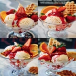 **<https://s.mj.run/rY4szjdwYbM> close-up of a creamy vanilla ice cream sundae with 2-3 scoops in a clear glass dessert bowl, topped with bright red strawberry sauce, fresh strawberries, a slice of orange, and a small waffle cookie, realistic food photography style, shallow depth of field, cinematic lighting, ultra sharp focus, realistic texture, vibrant colors --ar 2:3 --v 6.0 --no oversized scoops, overfilled bowls --raw** - <@471692840905211906> (fast)