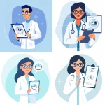 **Minimal flat vector illustration in EyeLife style, optometrist doctor in glasses and lab coat, holding clipboard with eye diagram, calm medical blue palette (#B7D3F0, #6EA7D8, #003366), no skin tones, clean flat style consistent with Customer illustration, soft circular abstract background suggesting precision and clarity --ar 1:1 --v 6.0 --raw** - <@775301860293738506> (fast)