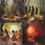 **little goblins, wild and cheerful are dancing in a circle, in the light-flooded forest.:: ghostly, cheerfull, fairy tale, divine light:: monochrome, burnt sienna, dynamic movement --v 6.0 --s 250** - <@1089203343378878556> (fast)