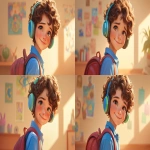**a medium shot of a realistic illustrated happy 7-year-old Caucasian male student from America, they have a well-defined nose and a well-defined jawline, they have brown eyes and curly brown hair, they stand with their head and neck and shoulders completely square to the camera and facing forward, their entire body is facing forward, they wear a backpack, they have headphones on their head, they stand in front of a white wall with bright graffiti art spray painted on it, it is daytime, the sun is shining bright, high-definition, anime-style, --ar 16:9 --niji 6** - Variations (Subtle) by <@1065025086664474674> (relaxed)