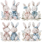 **Two adorable stuffed toy rabbits, soft watercolor style, pastel colors, one with a pink bow and the other with a blue bow, plush fabric texture, slightly worn and stitched details, sitting on soft leaves, cute and charming expressions, highly detailed and whimsical, white background, no additional elements --v 6.0** - Variations (Strong) by <@1227003593262108705> (fast)