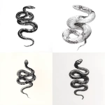 **Black and white snake tattoo design on paper, top-down view, white background, high contrast, hyperrealistic, photorealistic, sketch style. --ar 49:64** - <@1243403531608920085> (fast)