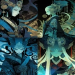 **A vibrant anthropomorphic scyphozoa princess, she is wearing a intricate kimono featuring elemental water, she has a royal brooch in her hair, pale blue translucent skin, graphic novel cover, line art style, tentacle and seashell aesthetics, jelly nucleus, dark background, Kentaro Miura, Junji Ito, H.R. Giger --p 552yful --ar 2:3 --niji 6** - <@348134085279088651> (fast)