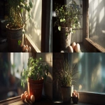**a close-up, angle view, photorealistic image of a potted stalked plant that grows chicken eggs, in a kitchen windowsill, with sun rays shining in at dawn. It is a plant that grows chicken eggs. --ar 191:100** - <@862409288793980959> (fast)