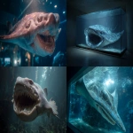 **a huge realistic creepy stingray in a fish tank with a mouth like a shark full of teeth. have the image be on an angle and the stingrays whole body in the image --ar 16:9** - <@869000036770512916> (fast)