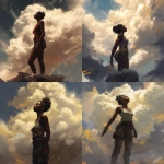 **low angle camera view, a character illustration, a black young muscular woman, thick clouds surrounding her, she is an elemental and she made of a golden light, she is looking to the sky and trying to reach out a female black skined hand in the clouds, craig mullins style --s 250 --v 5.0** - <@942102369683001474> (fast)