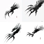 **Ink wash painting style, dragon’s front claw reaching forward, sharp and elongated talons, bold expressive brush strokes, sumi-e aesthetic, minimalist white background, dark ink tones, fierce and powerful, high resolution** - <@297413239044702208> (fast)