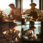 **a young man inspired by Ganymede, working as a barista in a modern café, gently pouring coffee into a cup for a customer, wearing an open white shirt and a loosely tied apron, fit and graceful build, nice chest, warm morning sunlight streaming through large windows, soft golden highlights on his face and arms, classical Greek design motifs subtly integrated into the café interior, cinematic and dreamy photography, --ar 2:3** - <@358254535862648853> (fast)
-# Create, explore, and organize on [midjourney.com](<https://midjourney.com/imagine?from_discord=1>)