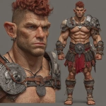 **Character design sheet. Realistic 3d rendering. Character design sheet of a ruggedly handsome, Hyper muscular handsome half orc, bodybuilder, bright silver eyes, short curly red Mohawk, short pointed ears, defined muscles, Huge leg muscles, huge pectoral muscles, big arm muscles, vascular hyper muscular, wide Grecian nose, strong square jaw, defined cheek bones, masculine features, freckles, Bodybuilder, short pointed ears, wearing Roman gladiator armor. --v 7.0** - Image #3 <@1222981214734913607>