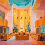 **Expressionist abstract oil painting of parliament house. Visionary, realistic, plants, warm lighting, fall, bright happy office --ar 4:3 --v 7.0 --s 50** - Image #2 <@495133821717446656>
