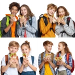 **two students, boy and girl with backpacks, happily eating kebab wraps, photo, white background** - <@1019171884983648307> (fast)