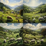 **there are lots of hills, there is a house and there are moutains in the background. In a fenced area there are black sheep and white sheep, there are lots of trees and the grass is green, realistic --v 5.2** - <@754226842650542162> (relaxed, stealth)