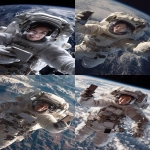 **The photo should be hyperrealistic but with distorted proportions. The framing should distort the proportions, prioritizing the head and shrinking the legs and feet. A 40-year-old female astronaut is on a spacewalk, having fun, smiling, and wearing a transparent helmet. In the background is planet Earth. She is holding a smartphone in her right hand and looking at the screen. Focus on the arm and the phone in the foreground. Use of a wide-angle lens. Natural light, surreal photo, crazy proportions. --ar 9:16** - <@1310560084346146826> (relaxed)