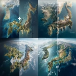 **a conceptual split-screen map illustration,left side: realistic present-day Japanese archipelago surrounded by ocean, seen from satellite view right side: imagined Japan connected to the Eurasian continent by land, merged terrain, mountains continuing into mainland Asia a large arrow from left to right in the center of the image, symbolizing transformation detailed, high resolution, educational infographic style, natural colors, satellite imagery aesthetics --ar 16:9** - <@1099207703915679824> (fast)
