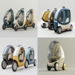 **futuristic compact electric capsule scooter, short and upright body like a standing scooter, enclosed cockpit with transparent glass all around, one front wheel and two rear wheels clearly visible, minimalist design, solar panel on top, soft matte body in beige, blue, and yellow variants, designed for one seated passenger, lightweight, urban personal mobility vehicle, 3/4 view on neutral background --ar 3:2 --v 6.0 --raw** - <@361336964084924446> (fast)