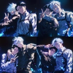 **Still taken shot from anime episode - Levi Ackerman from Attack on Titan and Satoru Gojo from Jujutsu Kaisen. Gojo has white hair, his arm around Levi's shoulder and is posing with a big smile and making a peace sign, Levi has black hair, has his arms crossed and looks slightly annoyed against a black background with sparkles in the art style of attack on titan anime. Friendship-style pose, Anime TV art style, attack on titan, jujutsu Kaisen. Uniform details, beautiful lighting, anime art, manga --niji 6** - Variations (Strong) by <@774763495555072010> (fast)