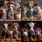 **Image of a cow, pig, and chicken painted as a catrina on a Day of the Dead altar** - <@1130904780634595388> (fast)