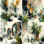 **<https://s.mj.run/Nlu3ItpiLmk> <https://s.mj.run/5Zwnb5PDQNM> an illustration using black pen and watercolour, loose sketchy watercolor and black pen illustration of a futuristic healthcare waiting room filled with plants and birds walking freely where people are scanned and then led by human looking robots to individual wellness pods, the style is country farmhouse with a fireplace meets zaha hadid organic futuristic architecture highly detailed, unique --ar 16:9 --v 6.1 --s 250** - <@999895176619237436> (fast)