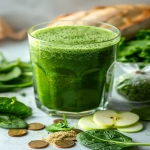 **Close-up of a vibrant green smoothie in a clear glass, thick and fresh with visible texture, surrounded by fresh spinach, kale, and sliced green apples, natural morning light, soft shadows, in the background a rustic French baguette and a small bag of centimes coins spilling slightly, clean and minimal kitchen setting, health and wellness vibe, Pinterest vertical format --v 6.0 --ar 3:4 --raw** - Image #4 <@1289684291994779678>