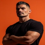 **Editorial portrait of a 30-year-old Brazilian man with an athletic physique, wearing a plain black personal trainer uniform, posing with his arms crossed. The image should capture the figure from the waist up. The background is a solid, infinity orange background. Professional lighting with a 45° softbox as the main light and a soft contour light to separate the model from the background, resulting in balanced and realistic shadows. Captured with a Canon EOS R5 camera and 85mm f/1.8 prime lens, f/5.6 aperture, ISO 100, shutter speed 1/160s, preserving the entire dynamic range. The skin should be as realistic as possible: open and visible pores, natural uneven texture, slight photographic grain, micro-details of expression lines, subtle dark circles and crow's feet preserved, soft glow in illuminated areas, balanced contrast between light and shadow, without excessive smoothing. The hair and clothing fabrics should have rich and detailed texture. Negative points: artificial skin, 3D/cartoon-like appearance, strange eyes, deformities, excessive saturation or sharpness, excessive artificial lighting, aggressive vignettes. --ar 3:4** - Image #1 <@1088178834882433214>