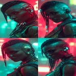 **realistic cyberpunk black female at night in a neon city background, red and turquoise. Strong with light from above, on the face. High contrast. The female is looking towards the camera 3/4 view, she has braids and a side shave, glowing eye cyber gear, glowing ear cyber gear. --ar 9:16 --v 7.0** - Variations (Strong) by <@1174469651695144981> (fast)
-# Create, explore, and organize on [midjourney.com](<https://midjourney.com/imagine?from_discord=1>)