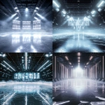 **futuristic sports arena interior, glowing with black, silver and white lights, holographic LED panels stretching across the back wall, fractured ice shard textures embedded in the walls, metallic beams and chrome accents, spotlights shining through thick volumetric fog and icy haze, glossy frozen ice floor with prism reflections and frosty cracks, symmetrical wide cinematic perspective, crisp linear lights adding depth, legendary and immersive high-tech atmosphere, perfect for hockey trading card background --ar 2:3 --q 2 --v 6.1 --raw** - <@1007029574430892245> (fast, stealth)