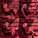 **an abstract illustration of a female with dark blonde hair wearing headphones, sitting in a reading nook with a pink and red aesthetic surrounded by bookshelves and sitting in a chair reading a book** - Variations (Strong) by <@387852951244374018> (fast)
-# Create, explore, and organize on [midjourney.com](<https://midjourney.com/imagine?from_discord=1>)