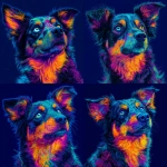 **a neon turqiose, orange , pink ,Austrailian miniature shepherd x pomerainian , one blue eye, short nose, sitting , psychedelic, blue background , acid visuals , artwork in the style of Dan mumford , bright glowing image --v 7.0** - Variations (Strong) by <@1006545549706666017> (fast)