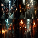 **a cinematic still of 20 wild west criminals chained and restrained inside a carriage of a heavily fortified steam train, prisoners are standing in rows side by side facing the camera, they are blindfolded and each have rope around their necks, they are standing in individual barred cells, a Ridley Scott film --ar 7:3 --s 250 --v 7.0 --p tvxiigz** - <@873411100627042354> (fast)