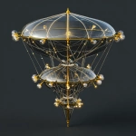 **A mechanical parabolic parasol, made of glass and metal materials, with many steel wires connected to the top and bottom in an X-shape. The stem is adorned with golden light bulbs. It floats on the water surface. In the style of Surrealism. Volumetric lighting. Top view. Aerial photography perspective. High resolution. --s 50** - Image #1 <@384539369404629002>