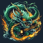 **A fierce, aggressive dragon mascot with a guiter into its coils in a bold, modern design going round a guitar, with sharp features and intense glowing eyes.The dragon has intricate green and gold scales, a spiked tail, and flames surrounding it. The composition is dynamic, showcasing the dragon coiled around a large, glowing sports emblem with bold text integrated into the design. Strong contrast and a vibrant, clean, minimal background suitable for a team logo. Stylized, professional sports logo, 2D art, sharp details, and bold colors --v 6.0 --style raw** - Upscaled (Subtle) by <@889613382943133717> (fast)
-# Create, explore, and organize on [midjourney.com](<https://midjourney.com/imagine?from_discord=1>)