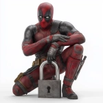 **Ultra realistic 8K artwork of Deadpool crouching in a dynamic pose on a clean white background. He is holding a large metallic padlock with both hands, the padlock highly detailed with shiny steel texture. Deadpool’s red and black suit is vibrant with realistic fabric and battle-worn details. The lighting is bright and even, creating strong contrast between Deadpool, the padlock, and the pure white backdrop. Cinematic composition, sharp focus, and high detail. --v 7.0** - Upscaled by <@1344851378702389258> (fast)